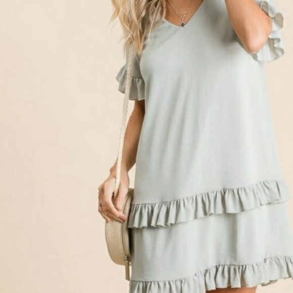 Sage Green Woven Ruffled Detailed Dress - Picture 4 of 7